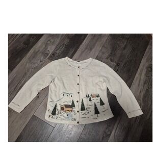 Vintage Cream Embroidered Knit Cardigan Sweater Floral Long Sleeve Button Front